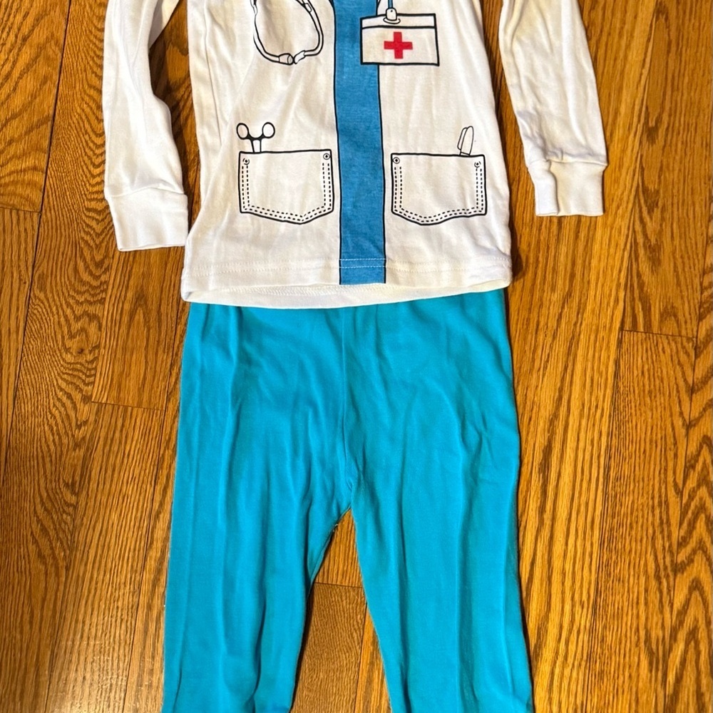 White and Blue Pajama Set with Medical-Inspired Design